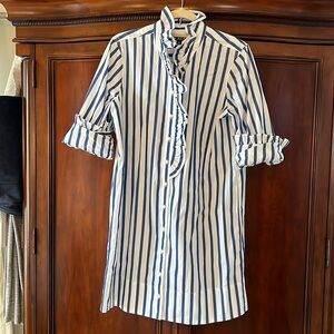 J.Crew Blue/White Stripe Ruffle Shirt Dress Size 8 100% Cotton